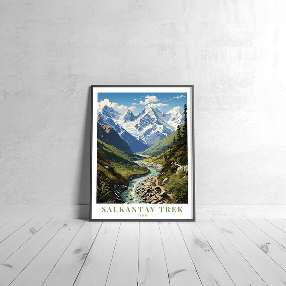 Salkantay Trek Peru Vintage Travel Poster Andes Snowy Peaks River Valley