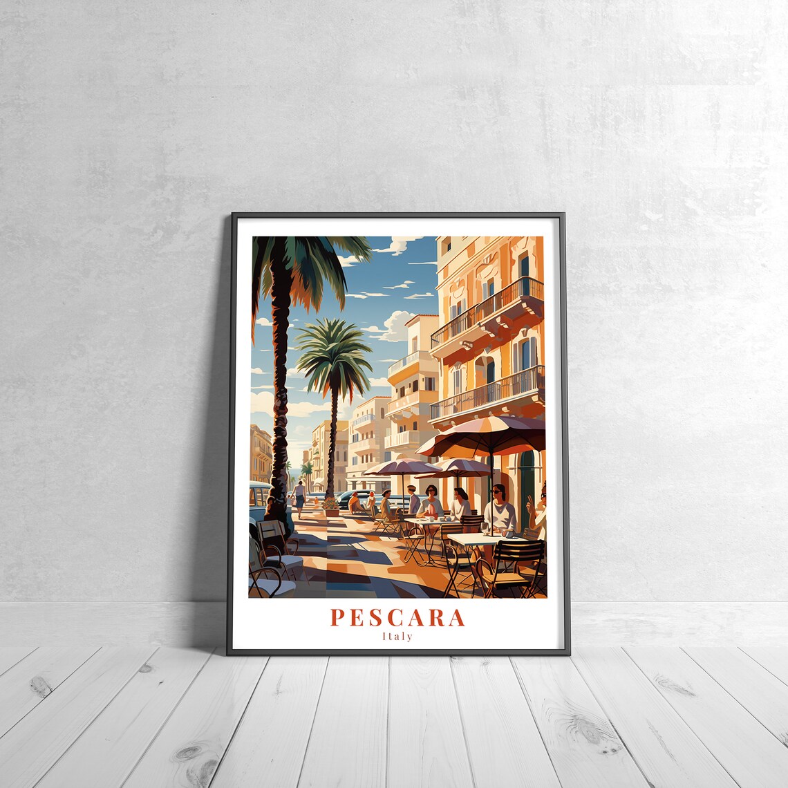 Pescara Italy Palm Boulevard Seaside Cafes Vintage Travel Poster