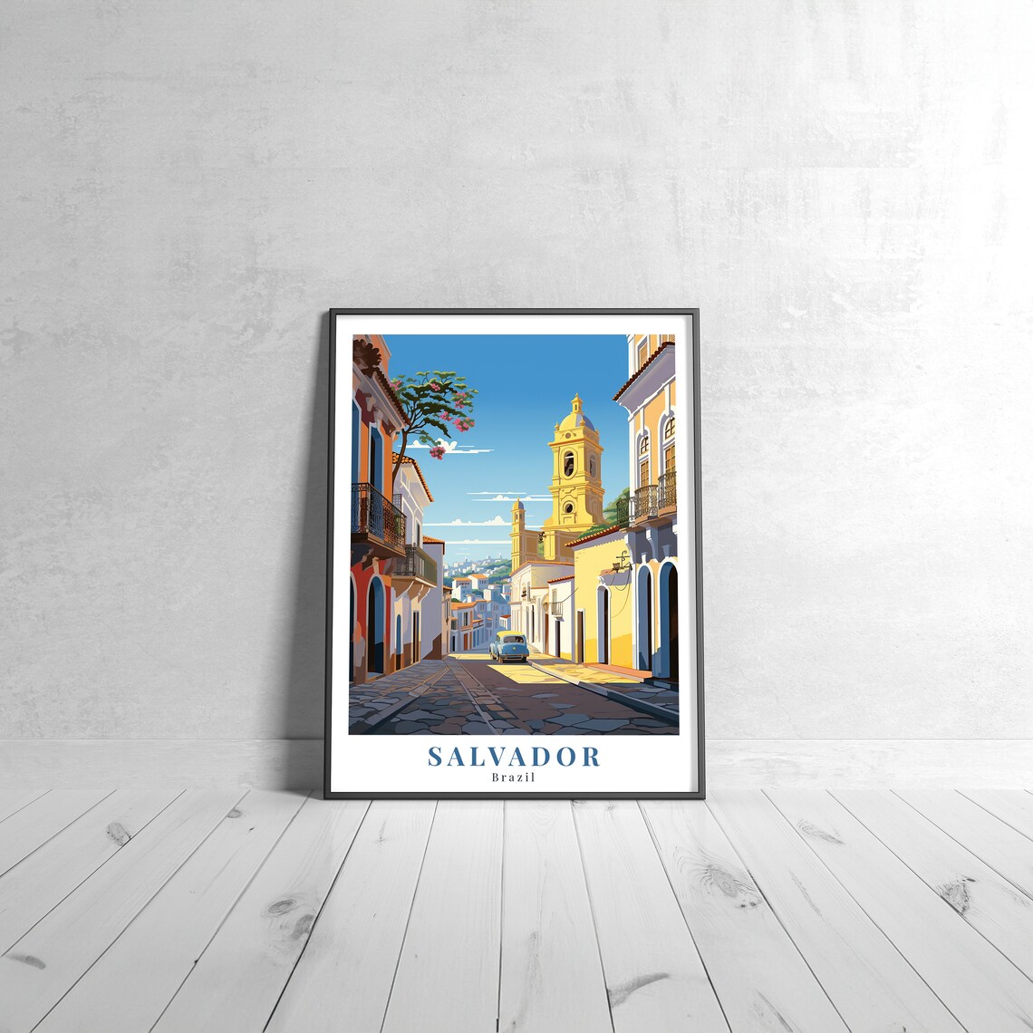 Salvador Brazil Vintage Travel Poster Cobblestone Street Yellow Church Tower