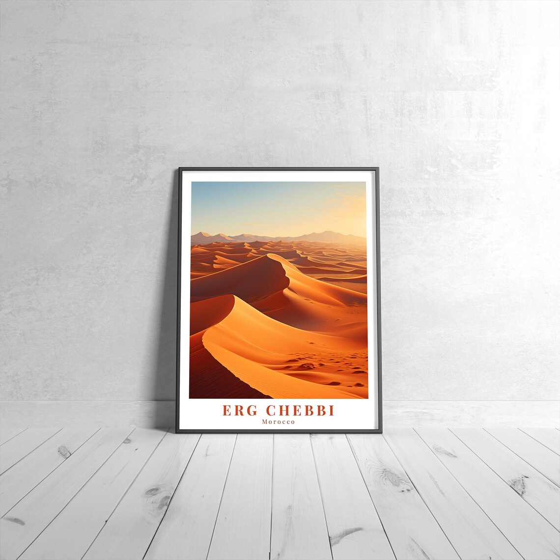 Erg Chebbi Morocco Vintage Travel Poster Sahara Sand Dunes Sunset Scene