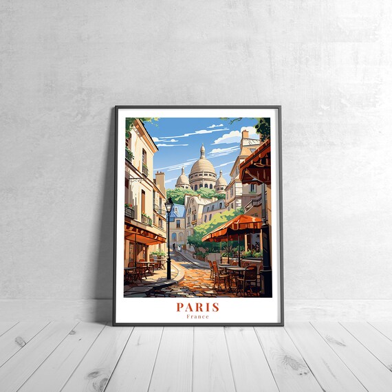 Paris France Montmartre Street Cafe Terrace Vintage Travel Poster