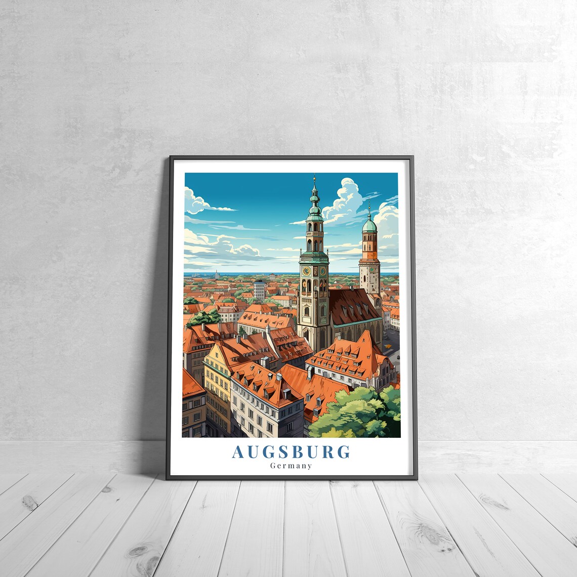 Augsburg Germany Old Town Rooftops Vintage European Travel Poster
