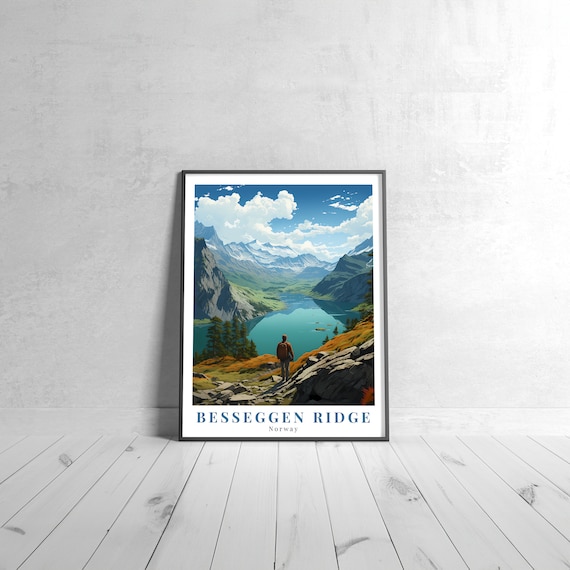 Besseggen Ridge Norway Hiker Lake Mountain View Retro Travel Poster