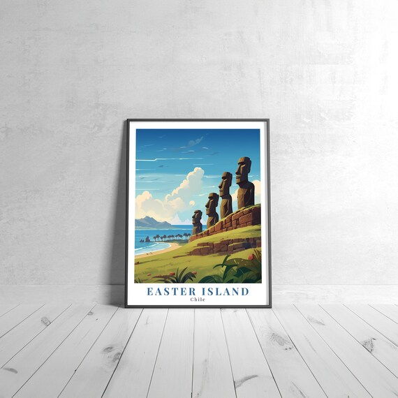Easter Island Chile Ancient Moai Statues Vintage Travel Poster