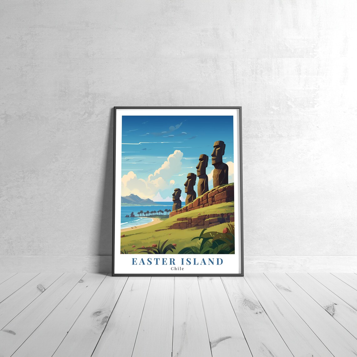 Easter Island Chile Ancient Moai Statues Vintage Travel Poster