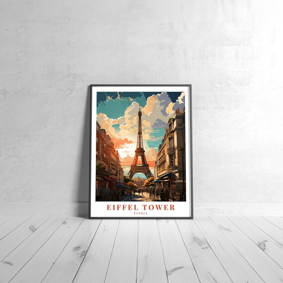 Eiffel Tower France Vintage Travel Poster at Sunset over Paris Streets