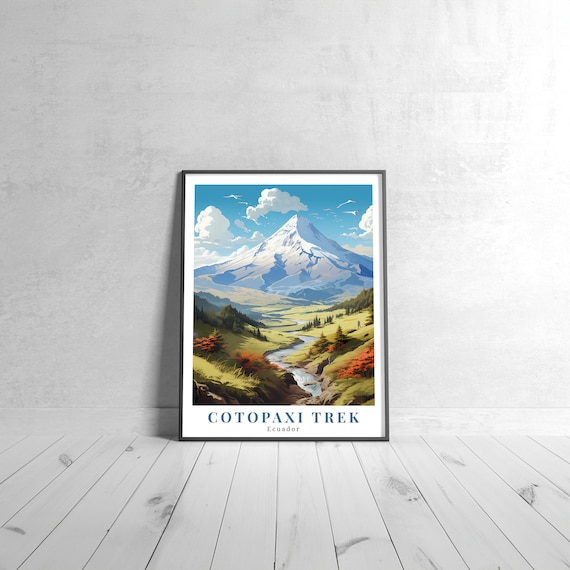 Cotopaxi Trek Vintage Travel Poster Retro Ecuador Volcano Summit Decor