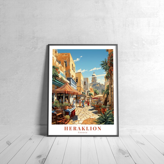 Heraklion Greece Old Town Market Street Vintage Travel Poster