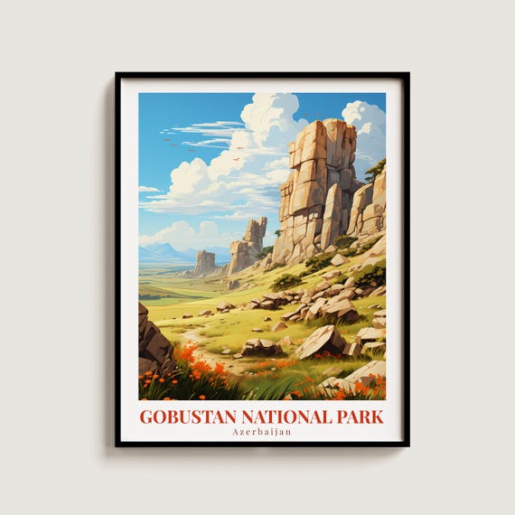 Gobustan National Park Vintage Travel Poster Retro Azerbaijan Art Print Colorful Home Decor Wall Unique Gift