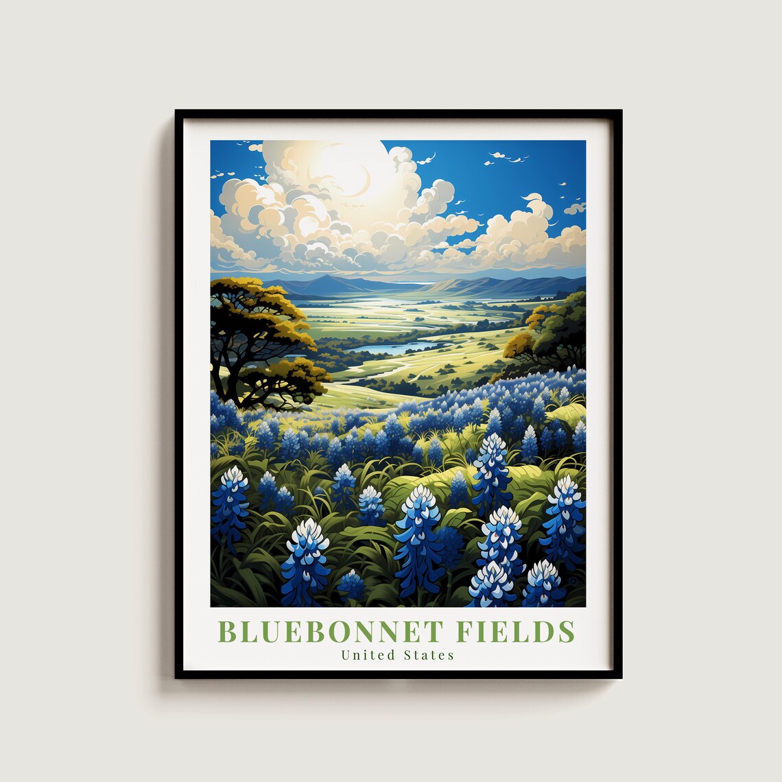 Bluebonnet Fields United States Texas Wildflower Vintage Travel Poster