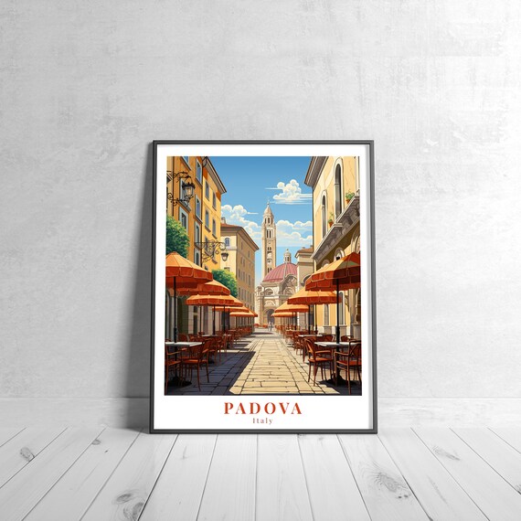 Padova Italy Cafe Street Orange Umbrellas Vintage Travel Poster