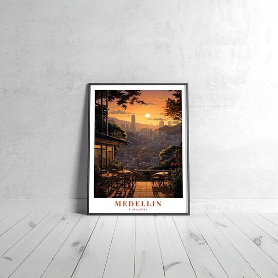 Medellin Colombia Sunset Cityscape Terrace Vintage Travel Poster