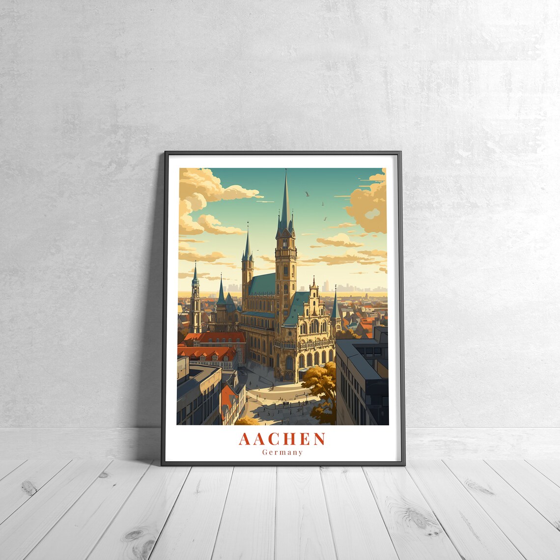 Aachen Germany Vintage Travel Poster of the Cathedral and City Skyline