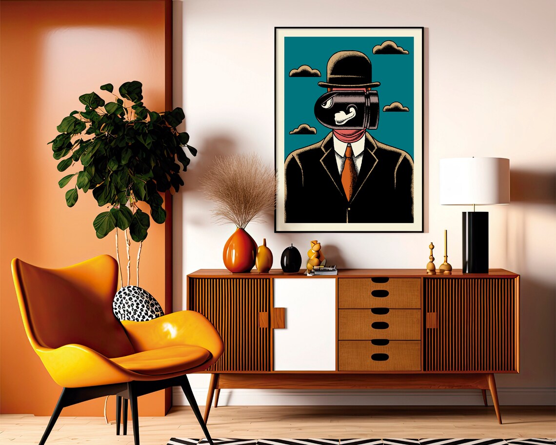 Surrealist Bowler Hat Fuel Pump Teal Quirky Magritte Art Poster - Image 2