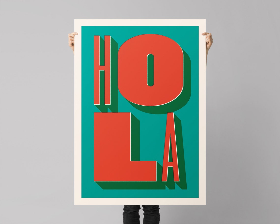 Hola Word Retro Typography Red Teal Bold Spanish Greeting Art Poster - Image 3