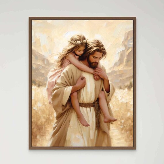 Jesus Carrying Little Girl Piggyback Through Golden Field Joyful Poster