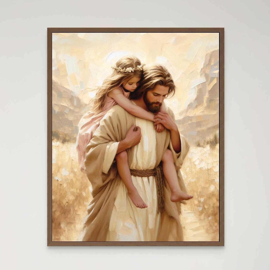 Jesus Carrying Little Girl Piggyback Through Golden Field Joyful Poster