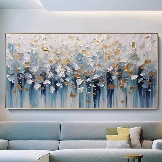 Large Size Abstract Acrylic Painting Contemporary Blue White Gold Perfect Sofa Background Wall Decor Personalized Textured Artwork