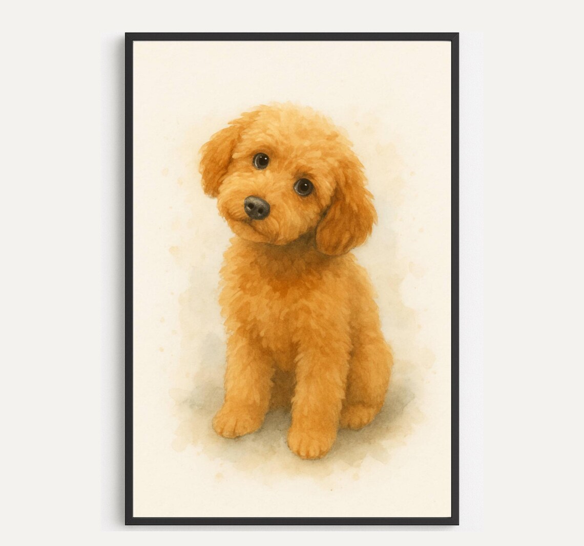Adorable Apricot Poodle Puppy Watercolor Cute Sitting Dog Art Poster
