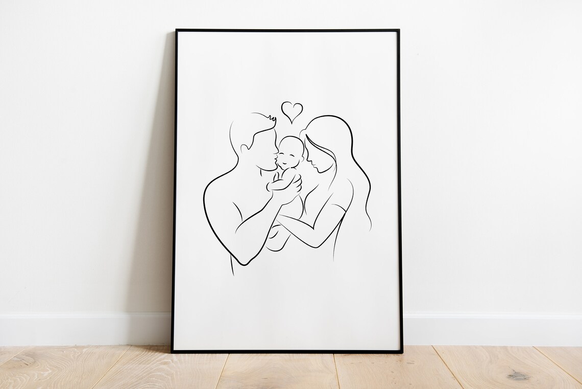 Mom Dad Baby Love Minimalist Family Line Art Embrace Wall Art - Image 2