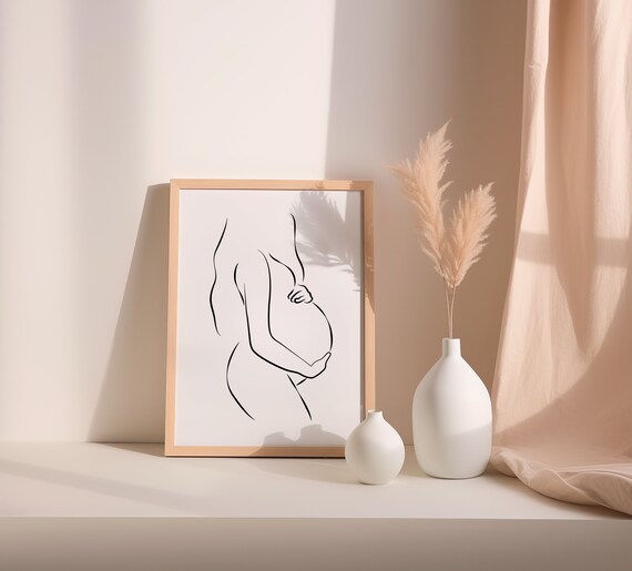 Pregnant Woman Line Art Minimalist Maternity Belly Embrace Print