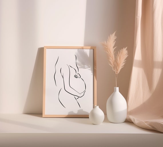 Pregnant Woman Line Art Pregnancy Wall Print Drawing Minimalist