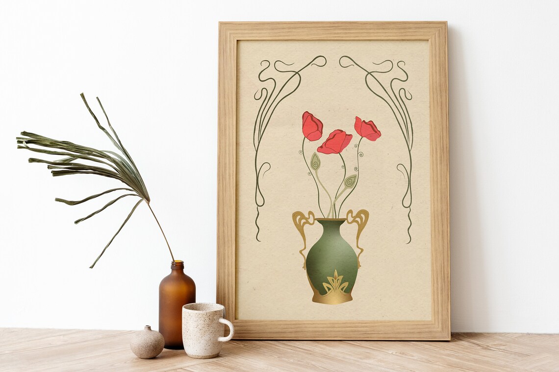 Art Nouveau Poppy Print Red Flowers in Green Vase Floral Decor - Image 2