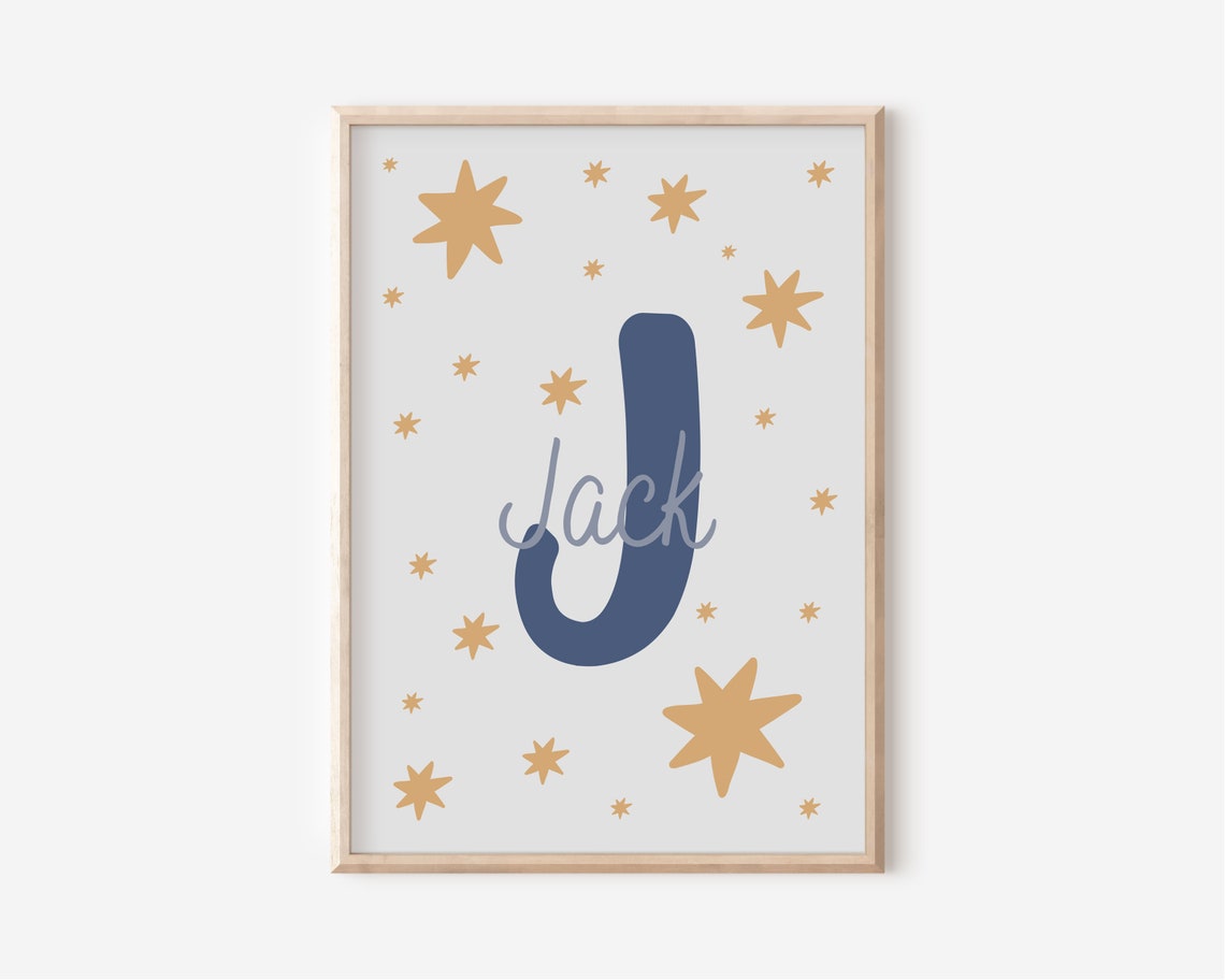 Milo Personalized Name Initial Blue Stars Nursery Baby Poster - Image 2