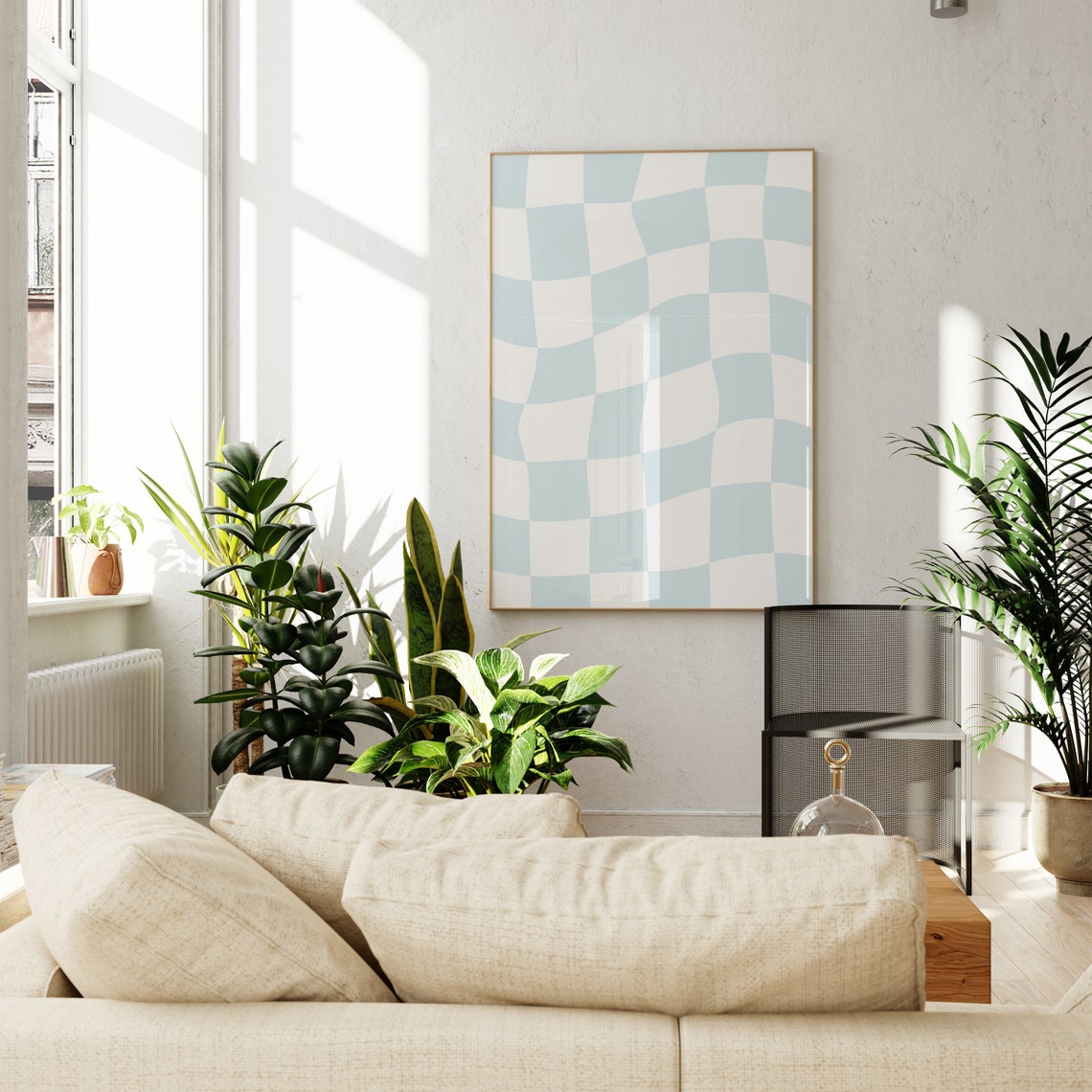Blue Wavy Checkerboard Trendy Pastel Checkered Dorm Room Poster - Image 2