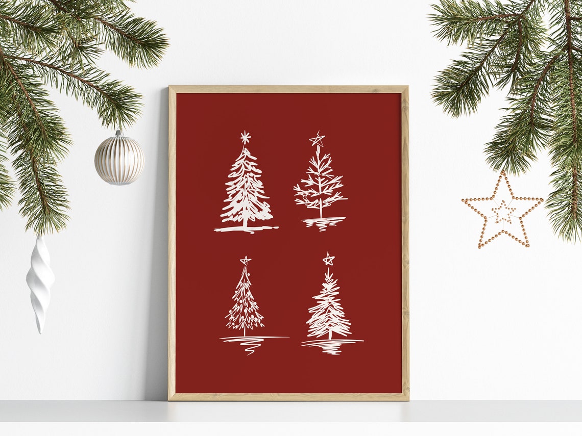 Four Christmas Trees Sketch Art Red Holiday Winter Decor Poster