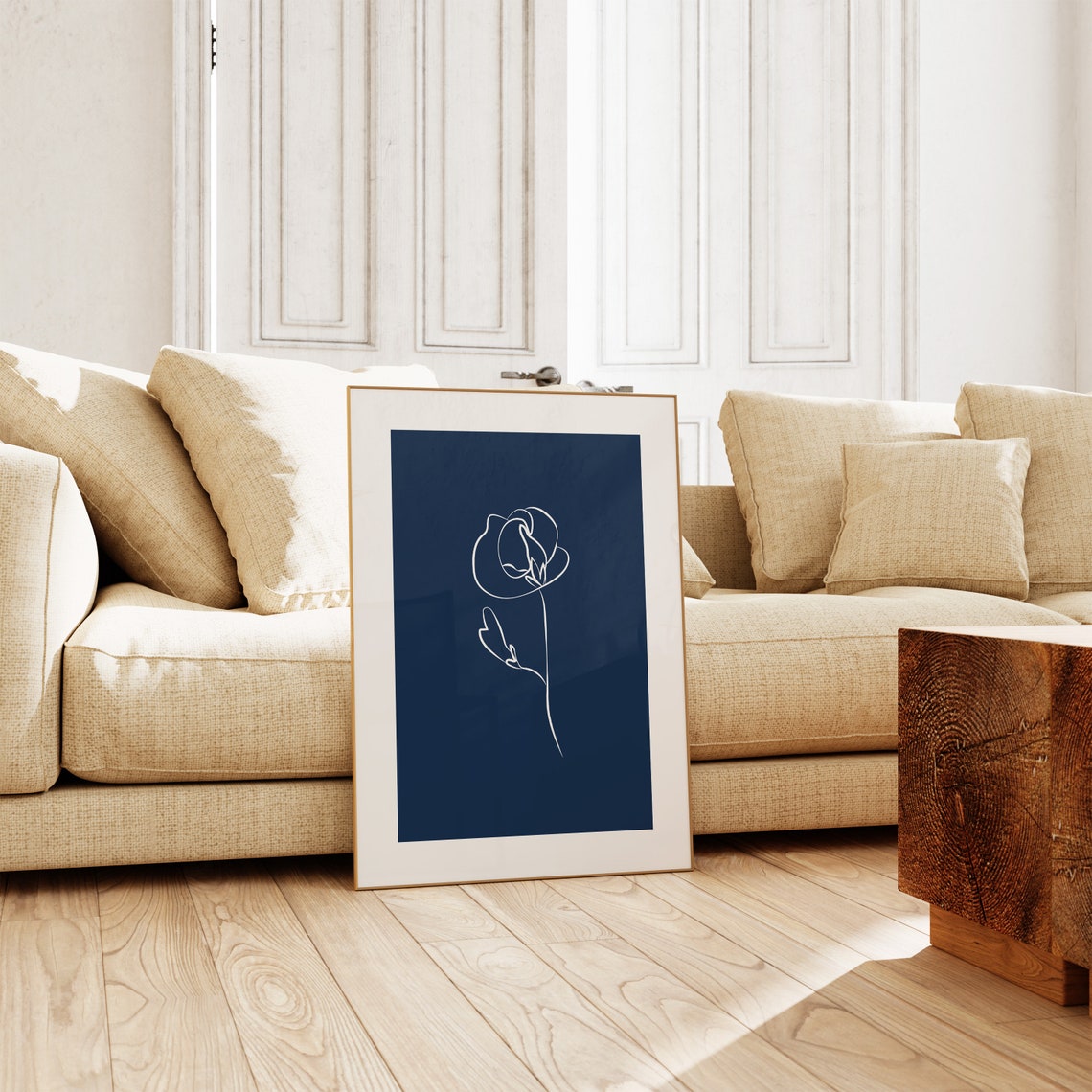 Navy Blue Botanical Line Art Poster Simple White Blossom Drawing
