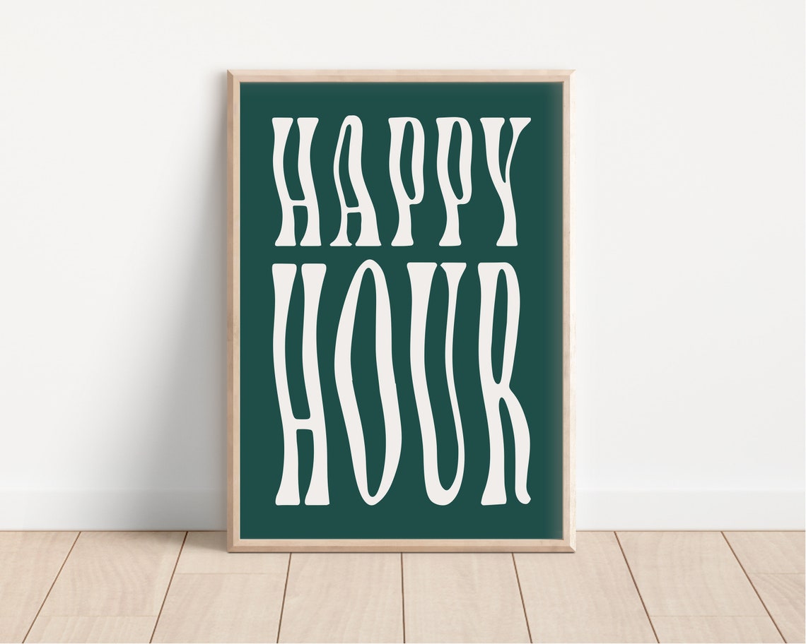 Retro Happy Hour Wavy Typography Dark Green Bar Cart Bar Poster