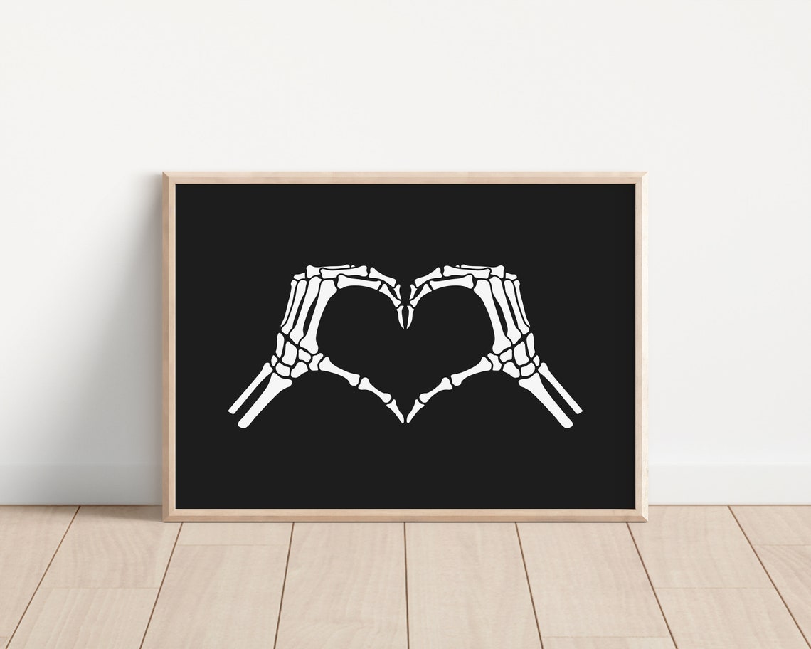 Skeleton Hands Heart White on Black Gothic Spooky Halloween Poster - Image 6