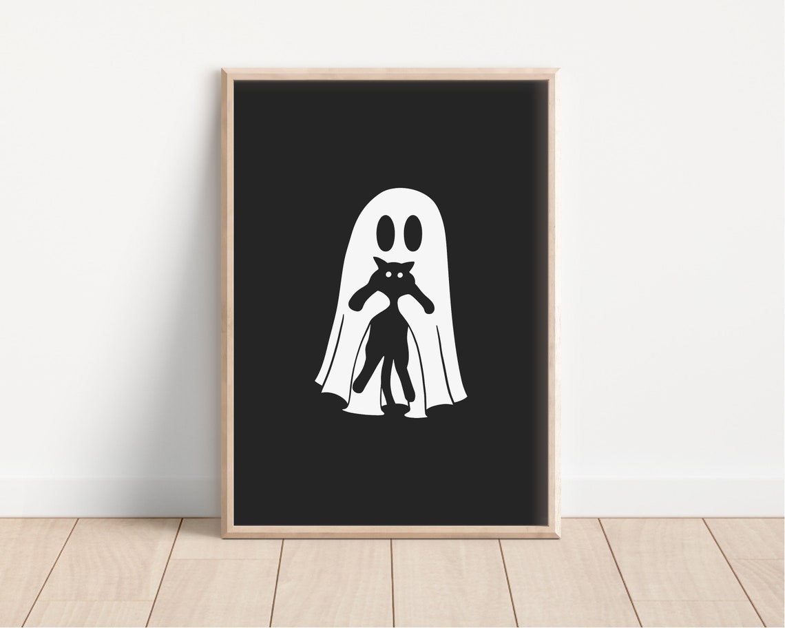 Halloween Ghost Holding Black Cat Spooky Black Background Poster - Image 4