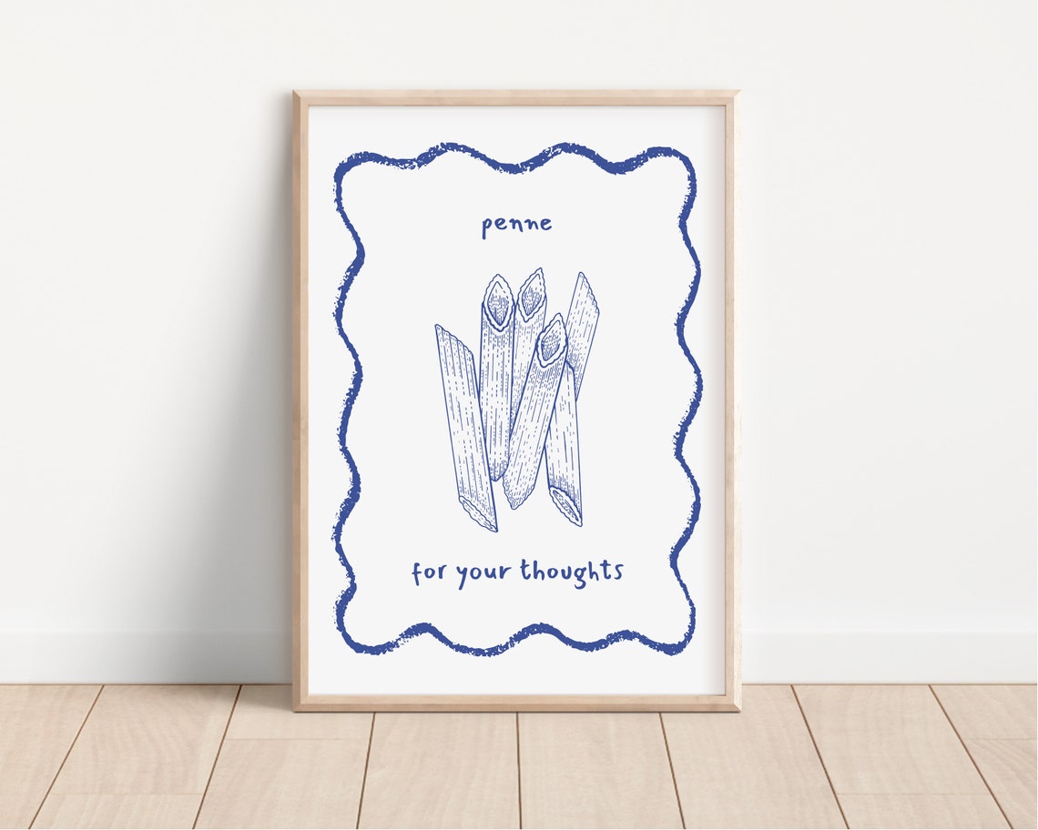 Penne For Your Thoughts Blue Ink Pasta Sketch Punny Kitchen Poster - Image 4