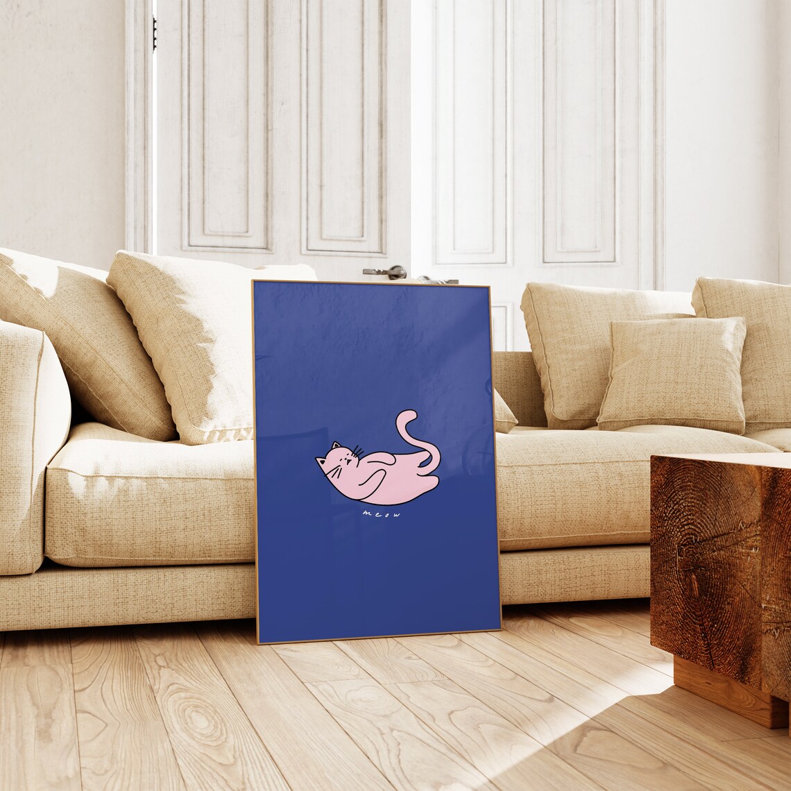 Pink Cat Meow Blue Background Quirky Cute Cartoon Animal Poster - Image 3