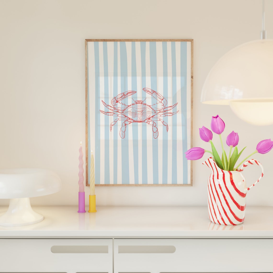 Red Crab Coastal Line Art Blue White Stripe Beachy Nautical Poster - Image 2