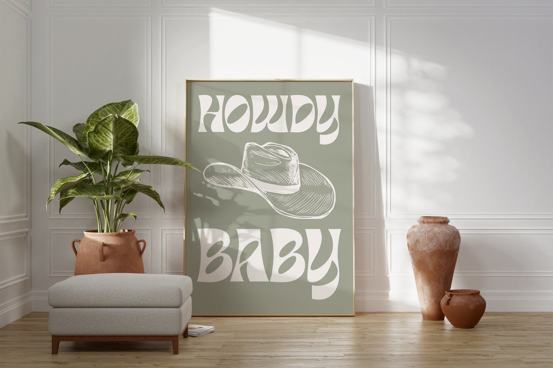 Howdy Baby Cowboy Hat Sage Green Retro Western Nursery Poster - Image 4