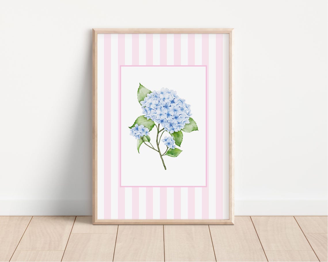 Blue Hydrangea Watercolor Pink Striped Preppy Floral Bedroom Poster - Image 3