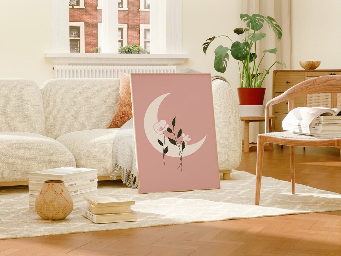 Moon and Flowers Pink Celestial Art Print