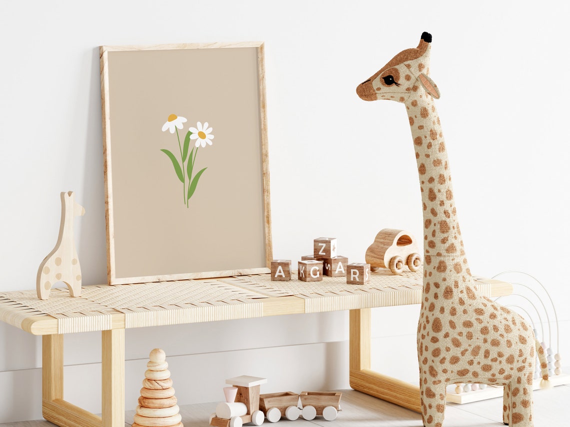 Beige Twin Daisy Minimal Floral Nursery Neutral Decor Poster
