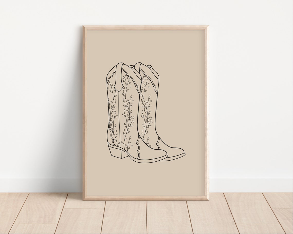 Beige Cowboy Boots Outline Poster Neutral Western Floral Art Design - Image 4
