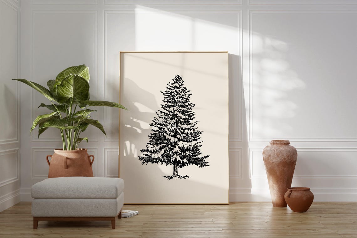 Black Ink Christmas Tree Sketch Cream Minimalist Holiday Poster - Image 3