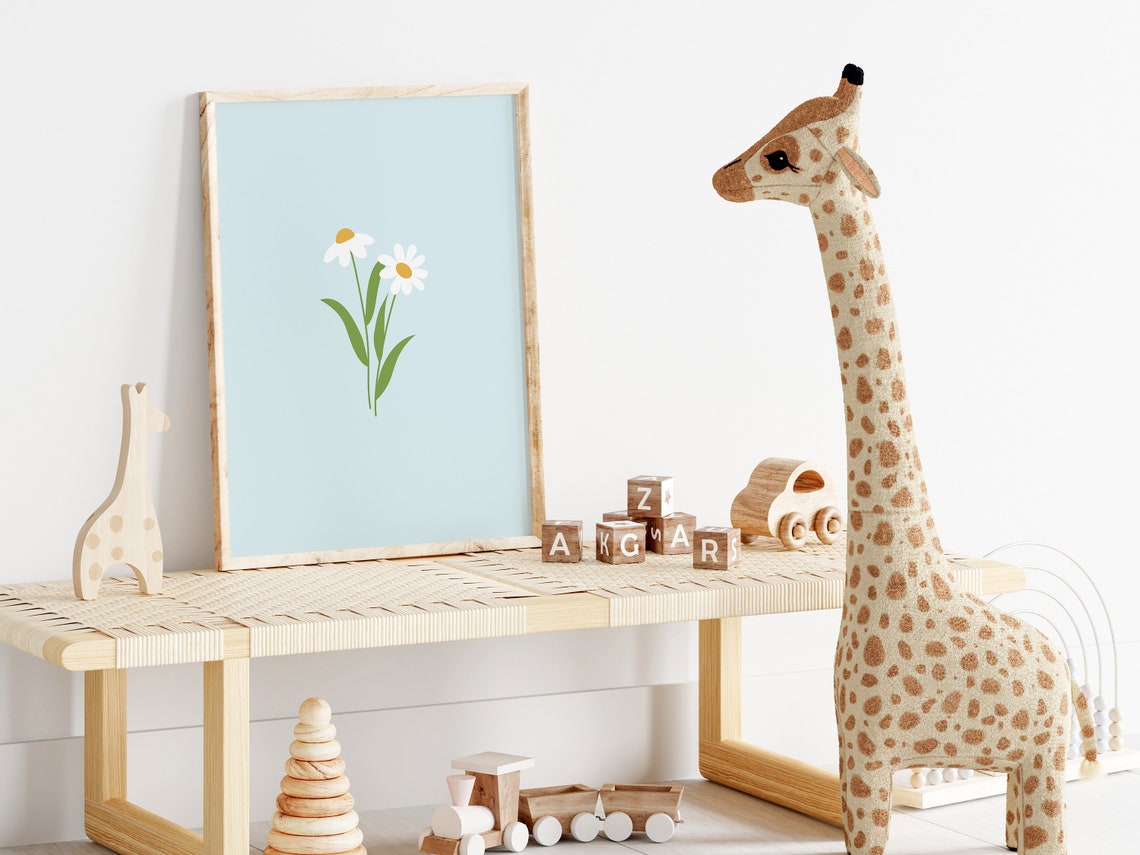 Light Blue Daisy Trio Minimalist Floral Nursery Print for Girls