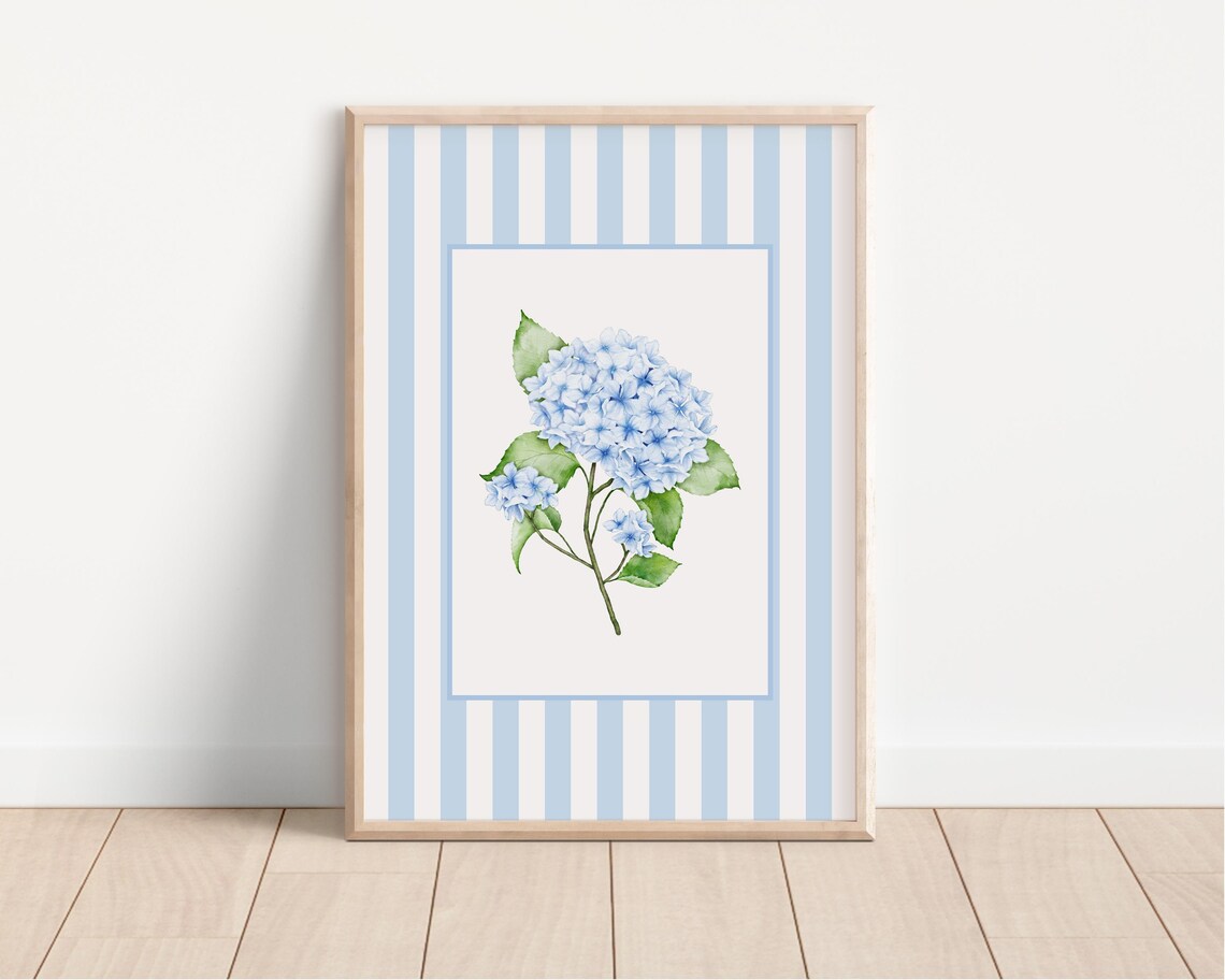 Blue Hydrangea Watercolor Blossom Green Leaves Blue White Stripe Poster - Image 4