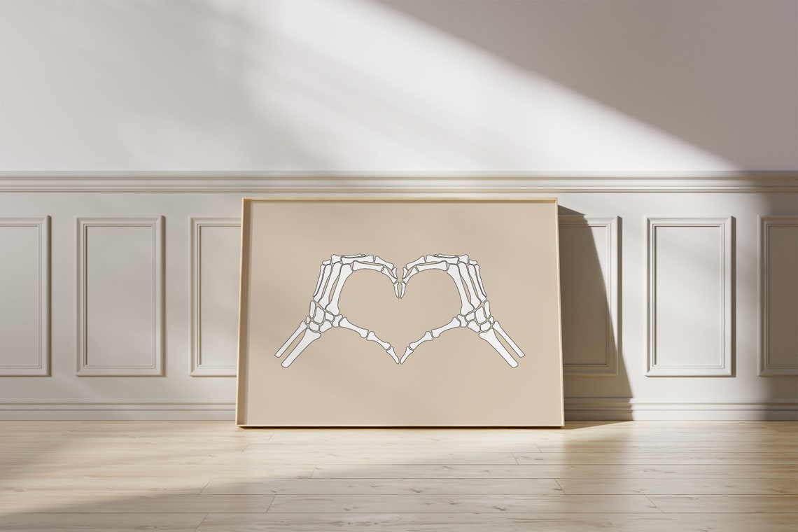 Skeleton Hands Heart White on Tan Beige Minimalist Halloween Poster - Image 5