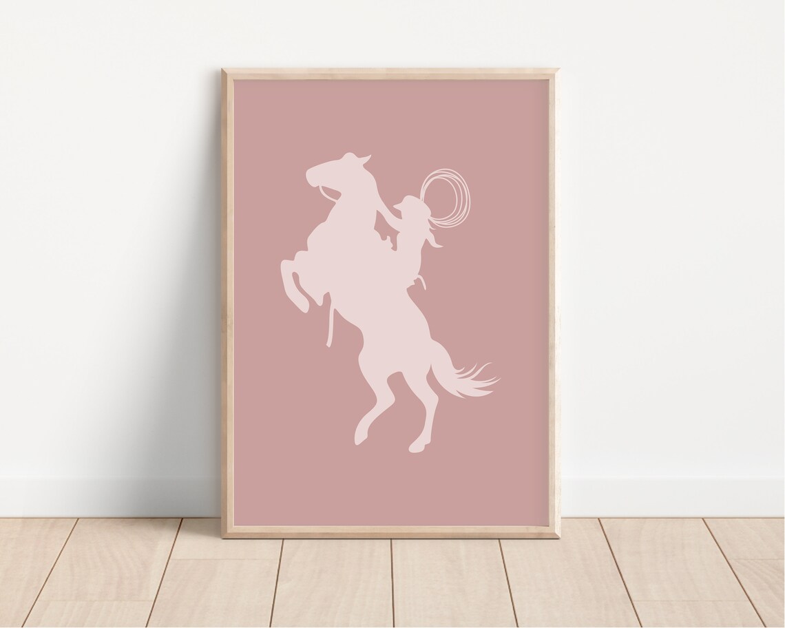Cowgirl Silhouette on Bucking Horse Pink Western Nursery Poster - Image 3