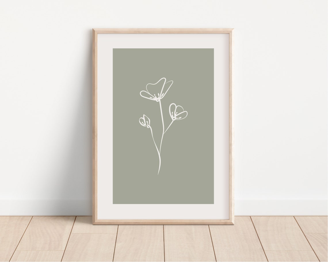 Sage Green White Flower Line Art Print For Minimalist Bedrooms - Image 3