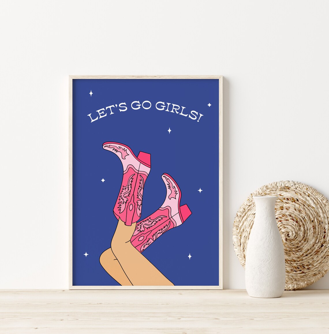 Let’s Go Girls Pink Cowboy Boots Navy Retro Western Dorm Print