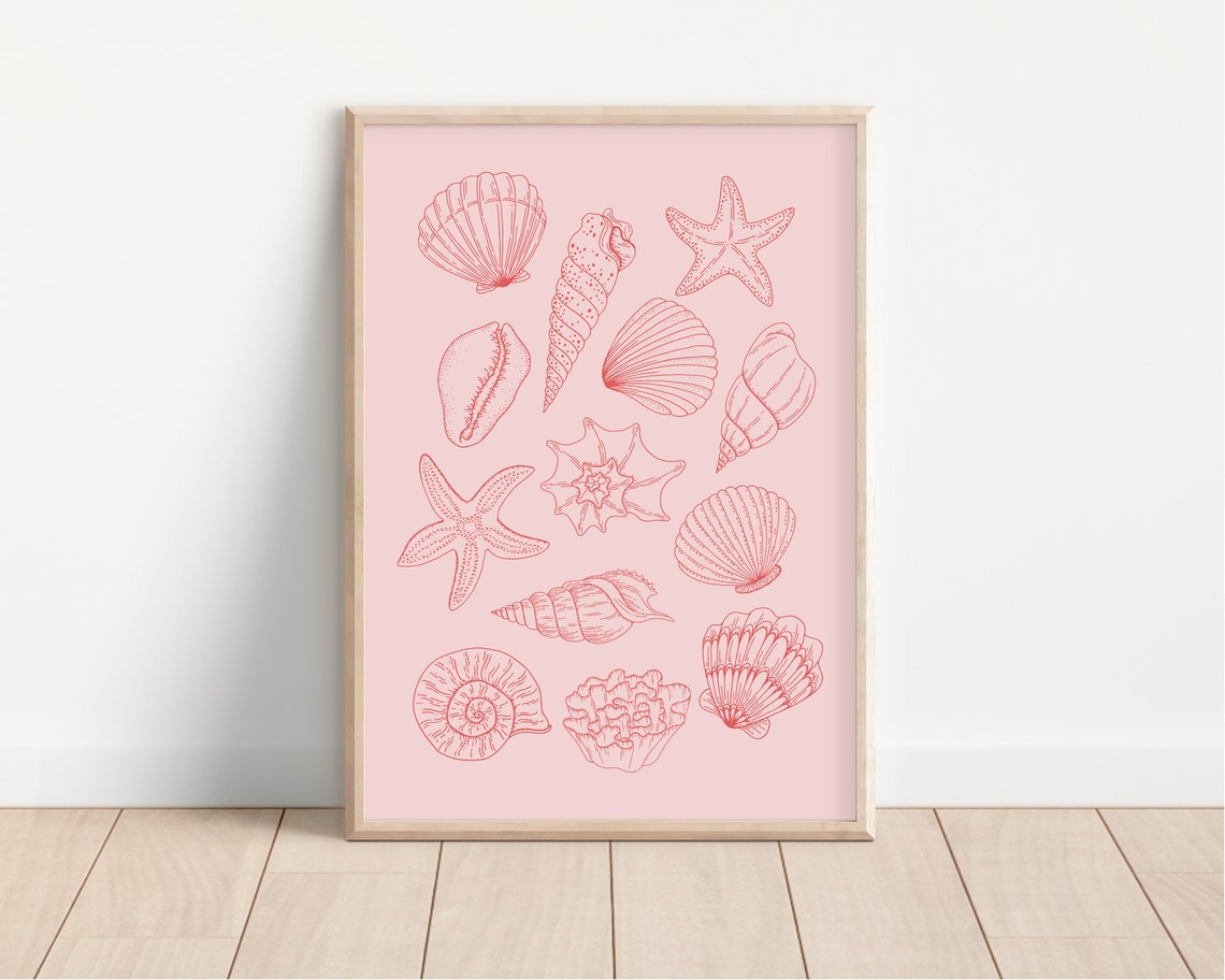 Pink Seashells Coastal Line Art Poster Beach Starfish Illustration - Image 2
